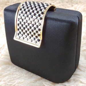 Black/Clear Crystal Gold Clasp Clutch, Black Satin